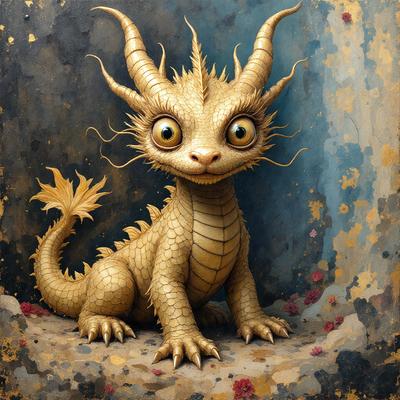 The primary subject of the image is a dragon, which is a creature with a long tail, horns, and a scaly appearance. The dragon is sitting on a rock, surrounded by a few flowers. The setting appears to be a natural environment, with the dragon being the main focus of the scene. The visual style of the image is a painting, which gives it a more artistic and detailed appearance. The colors and mood of the painting are vibrant and lively, with the dragon and flowers creating a